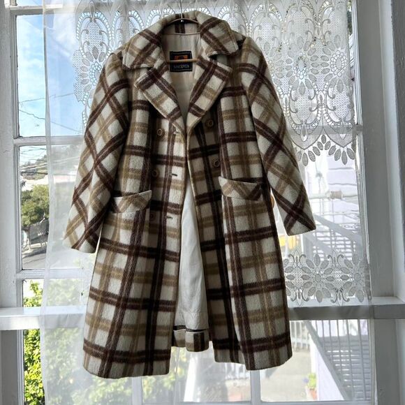 70s Vintage Wool Plaid Belted Winter Coat Small Womens Cream / Tan / Brown - Picture 6 of 8